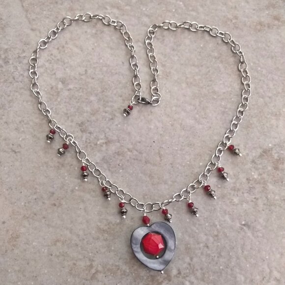 Gray Shell Heart & Red Crystals! Sexy Goth Mistress Witchy Statement Necklace - Picture 3 of 11